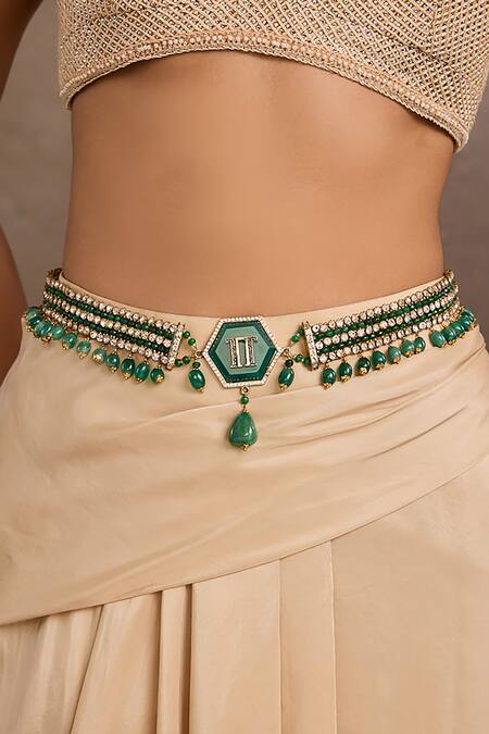 Tarun Tahiliani_Emerald Green Stones Broach Belt _Online_at_Aza_Fashions
