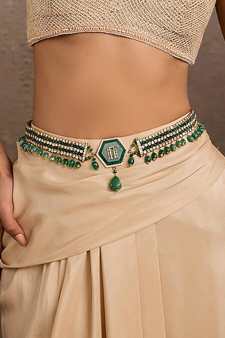 Buy_Tarun Tahiliani_Emerald Green Stones Broach Belt _Online_at_Aza_Fashions