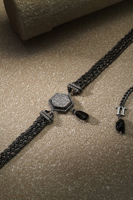 Shop_Tarun Tahiliani_Gray Cut Work, Beads Gunmetal Grey Broach Belt _at_Aza_Fashions