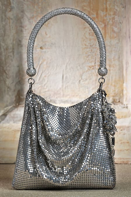 Shop_Tarun Tahiliani_Silver Chainmail Handbag _at_Aza_Fashions