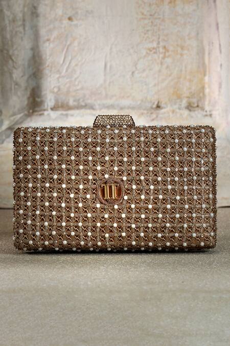 Buy_Tarun Tahiliani_Gold Embroidery, Metallic Thread Jaal Clutch _Online_at_Aza_Fashions