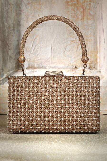 Tarun Tahiliani_Gold Embroidery, Metallic Thread Jaal Clutch _at_Aza_Fashions