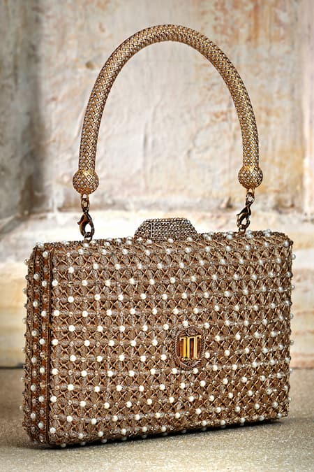 Shop_Tarun Tahiliani_Gold Embroidery, Metallic Thread Jaal Clutch _at_Aza_Fashions