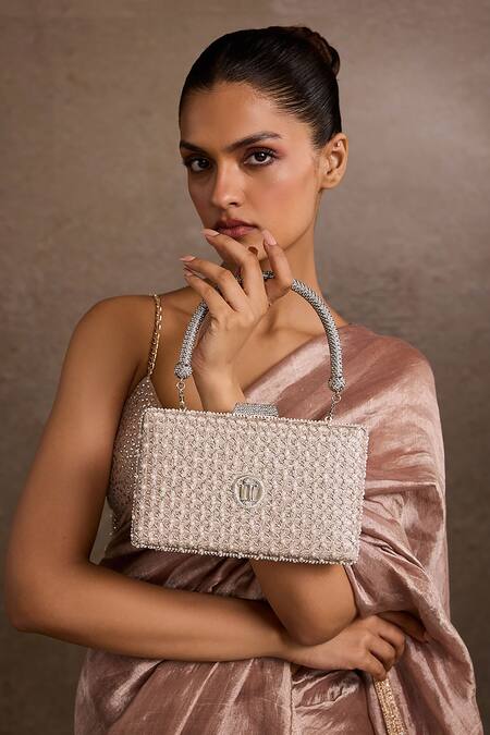 Tarun Tahiliani_Silver Embroidery Jaal Clutch _Online_at_Aza_Fashions