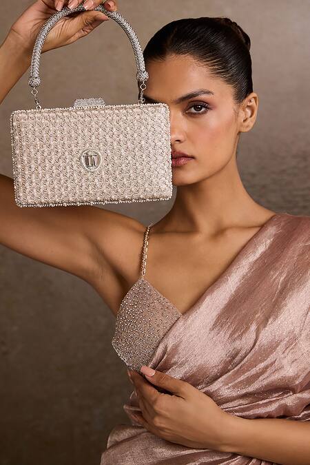 Shop_Tarun Tahiliani_Silver Embroidery Jaal Clutch _Online_at_Aza_Fashions