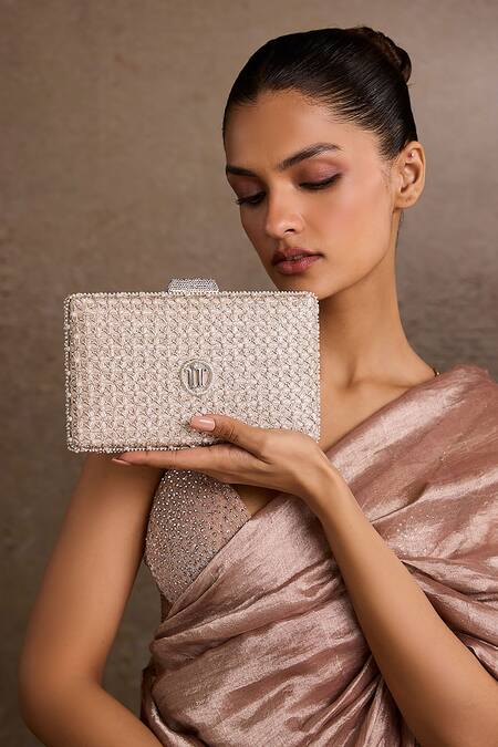 Tarun Tahiliani_Silver Embroidery Jaal Clutch _at_Aza_Fashions