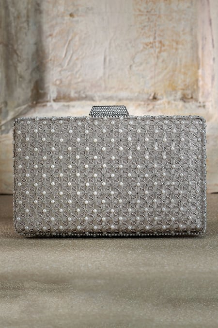 Shop_Tarun Tahiliani_Silver Embroidery Jaal Clutch 