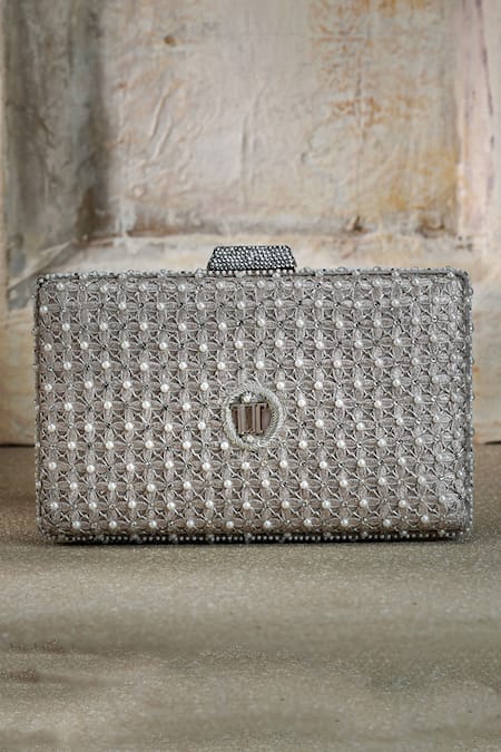 Shop_Tarun Tahiliani_Silver Embroidery Jaal Clutch _at_Aza_Fashions