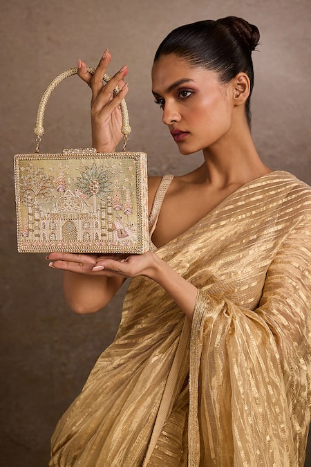 Buy_Tarun Tahiliani_Ivory Stones, Embroidery Embellished Clutch _Online_at_Aza_Fashions