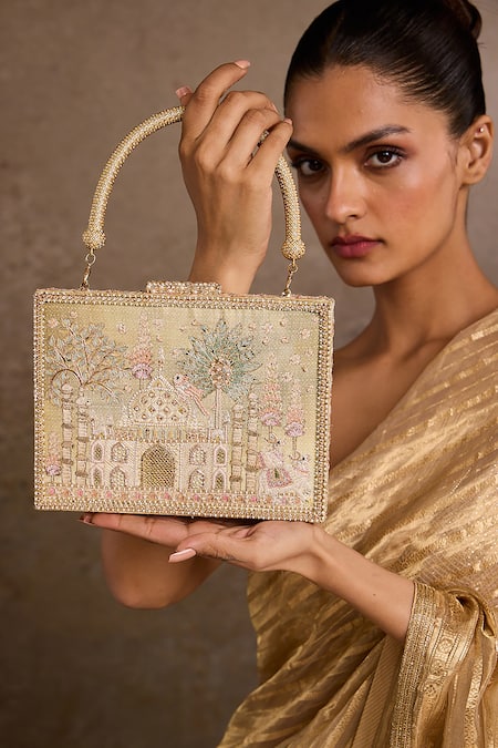 Shop_Tarun Tahiliani_Ivory Stones, Embroidery Embellished Clutch _Online_at_Aza_Fashions