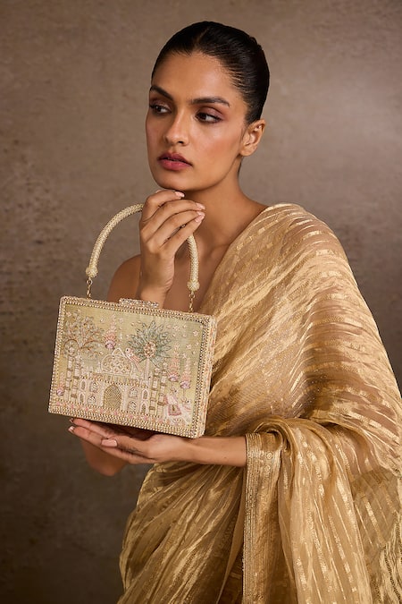 Shop_Tarun Tahiliani_Ivory Stones, Embroidery Embellished Clutch 