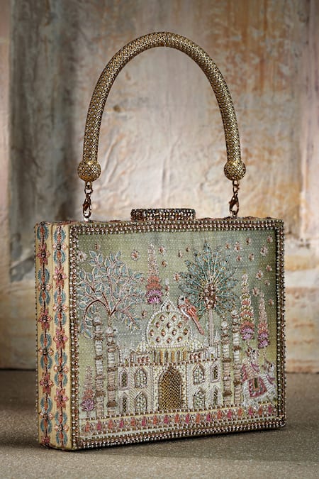 Shop_Tarun Tahiliani_Ivory Stones, Embroidery Embellished Clutch _at_Aza_Fashions