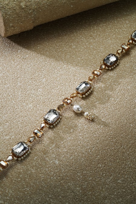 Shop_Tarun Tahiliani_Ivory Stones, Beads, Pearls Ivory-gold Jewel Belt _at_Aza_Fashions