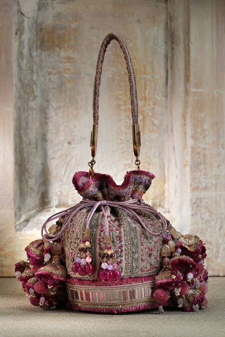 Tarun Tahiliani Pink Embroidery, Beads Onion Potli Bag 
