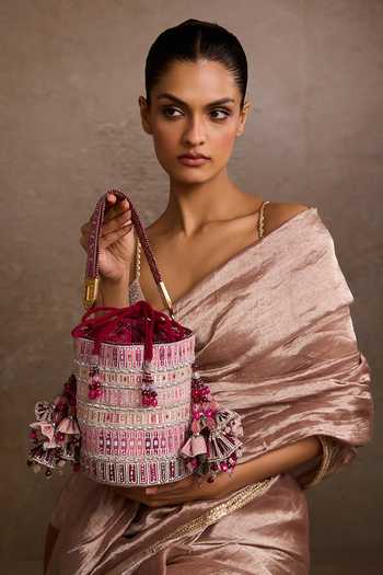 Tarun Tahiliani Pink Embroidery, Tassels Ombre Potli Bag Online at Aza Fashions Tarun Tahiliani_Pink Embroidery, Tassels Ombre Potli Bag _Online_at_Aza_Fashions