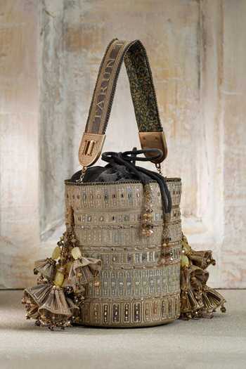 Shop Tarun Tahiliani Gold Tassels Embroidered Potli Handbag at Aza Fashions Shop_Tarun Tahiliani_Gold Tassels Embroidered Potli Handbag _at_Aza_Fashions