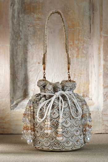 Tarun Tahiliani Beige Scallop Embroidered Potli 