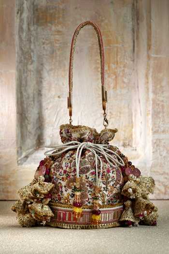 Shop Tarun Tahiliani Ivory Stones, Beads Ivory-multi Embellished Potli Bag at Aza Fashions Shop_Tarun Tahiliani_Ivory Stones, Beads Ivory-multi Embellished Potli Bag _at_Aza_Fashions