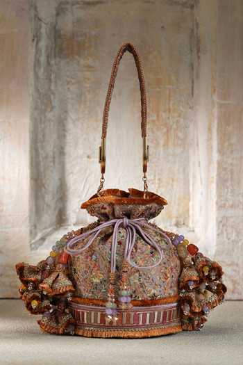 Shop Tarun Tahiliani Gold Stones, Beads Multi Silk Potli Bag at Aza Fashions Shop_Tarun Tahiliani_Gold Stones, Beads Multi Silk Potli Bag _at_Aza_Fashions