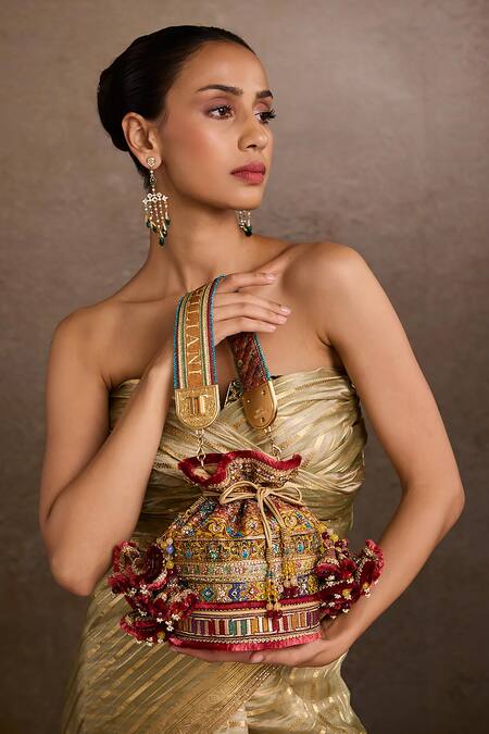 Buy_Tarun Tahiliani_Multi Color Embroidery, Stones Multi-color Embellished Potli Bag _Online_at_Aza_Fashions