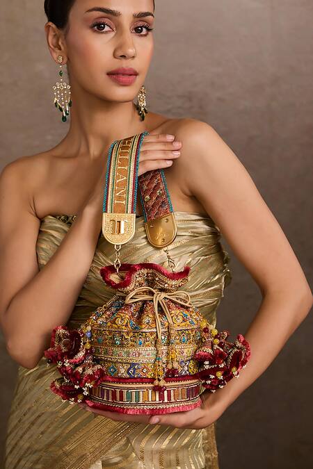 Shop_Tarun Tahiliani_Multi Color Embroidery, Stones Multi-color Embellished Potli Bag _Online_at_Aza_Fashions