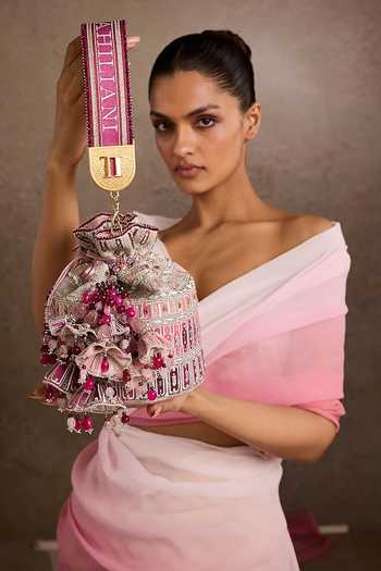 Shop Tarun Tahiliani Off White Embroidery, Tassels, Beads Pink Potli Bag Online at Aza Fashions Shop_Tarun Tahiliani_Off White Embroidery, Tassels, Beads Pink Potli Bag _Online_at_Aza_Fashions