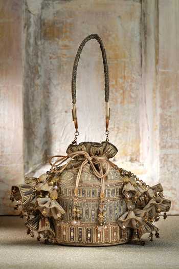 Shop Tarun Tahiliani Gold Embroidery, Tassels Grey-multi Potli Handbag at Aza Fashions Shop_Tarun Tahiliani_Gold Embroidery, Tassels Grey-multi Potli Handbag _at_Aza_Fashions