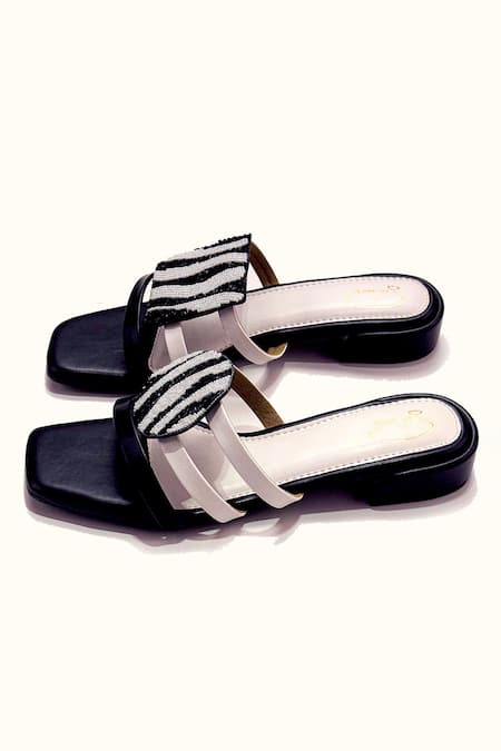 Soleart_Black Zebra Beaded And White Flats _Online_at_Aza_Fashions