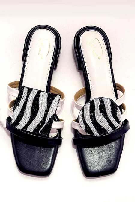 Soleart Zebra Beaded Black & White Flats 