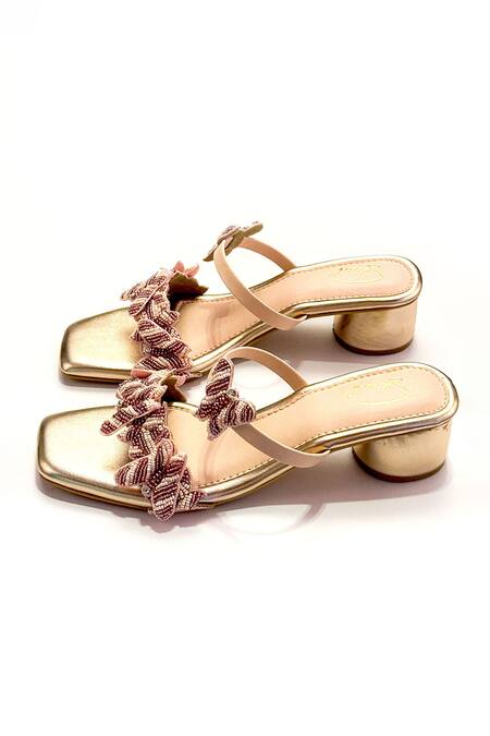 Soleart_Rose Gold Beads, Ruffles Designer Heels With Detail _Online_at_Aza_Fashions