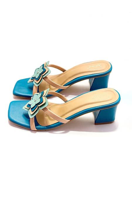 Soleart_Blue Fabric Flowers Designer Floral Heels _Online_at_Aza_Fashions
