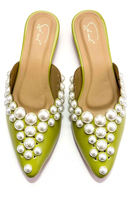 Soleart Charlotte Green Pearl Embellished Heels 