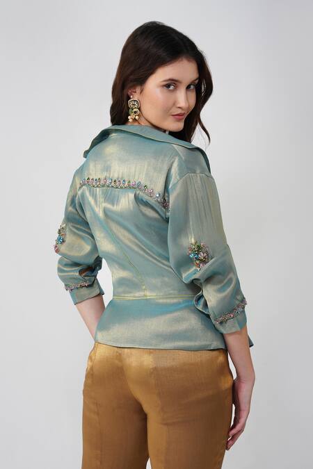 Buy Devyani Mehrotra Blue Crystal Flower Tie-up Jacket Set Online at Aza Fashions Buy_Devyani Mehrotra_Blue Crystal Flower Tie-up Jacket Set_Online_at_Aza_Fashions