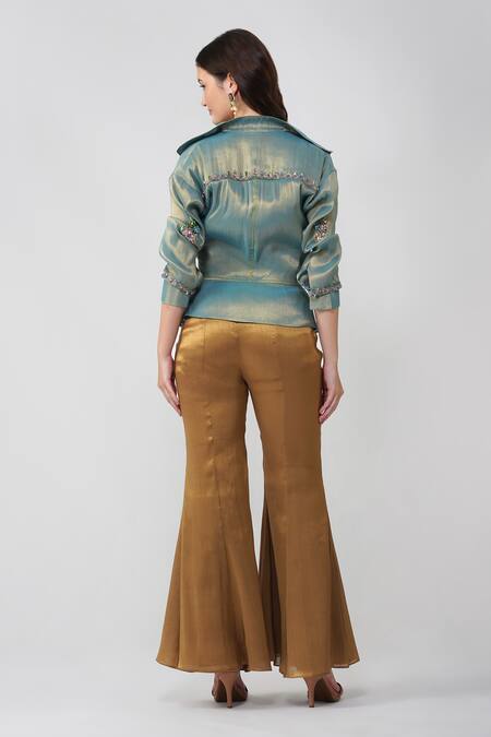 Shop Devyani Mehrotra Blue Crystal Flower Tie-up Jacket Set at Aza Fashions Shop_Devyani Mehrotra_Blue Crystal Flower Tie-up Jacket Set_at_Aza_Fashions