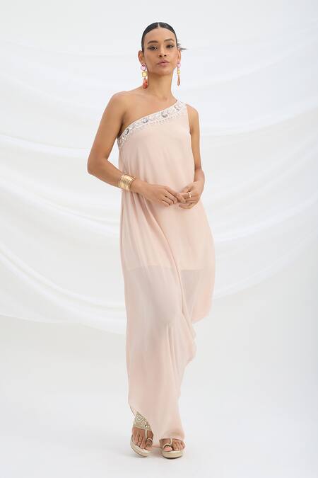 Mirroir_Pink Viscose One Shoulder Light Draped Maxi Dress _Online_at_Aza_Fashions