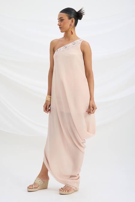 Buy_Mirroir_Pink Viscose One Shoulder Light Draped Maxi Dress _Online_at_Aza_Fashions