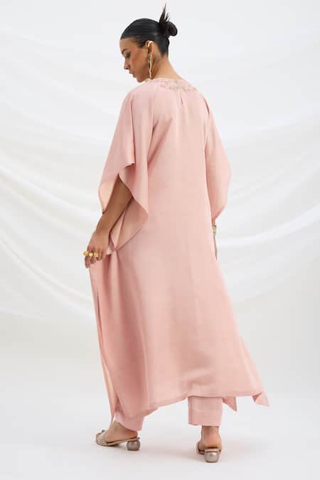 Mirroir Peach Pink Embroidered Kaftan & Pant Set 