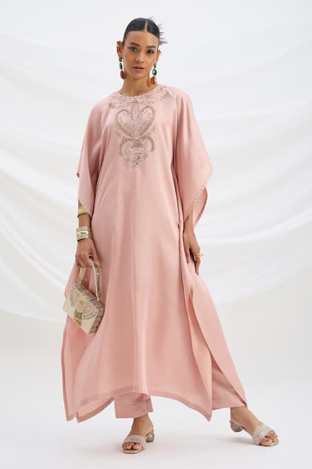 Mirroir Peach Pink Embroidered Kaftan And Pant Set 