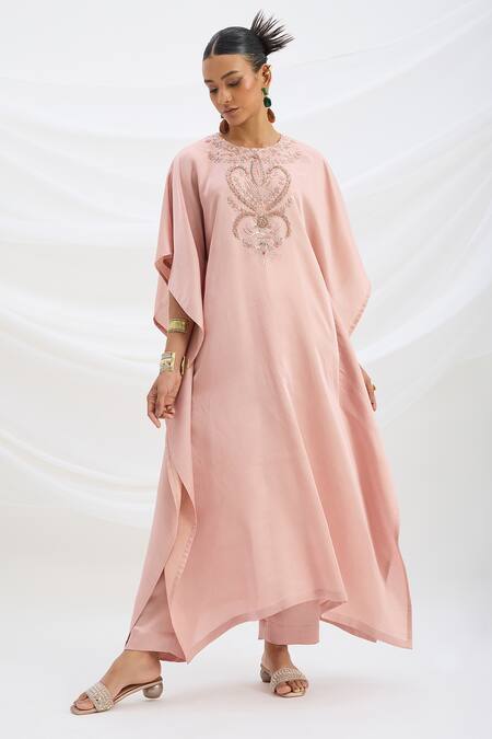 Mirroir Peach Satin Embroidery Round Neck Pink Kaftan And Pant Set Online at Aza Fashions Mirroir_Peach Satin Embroidery Round Neck Pink Kaftan And Pant Set _Online_at_Aza_Fashions