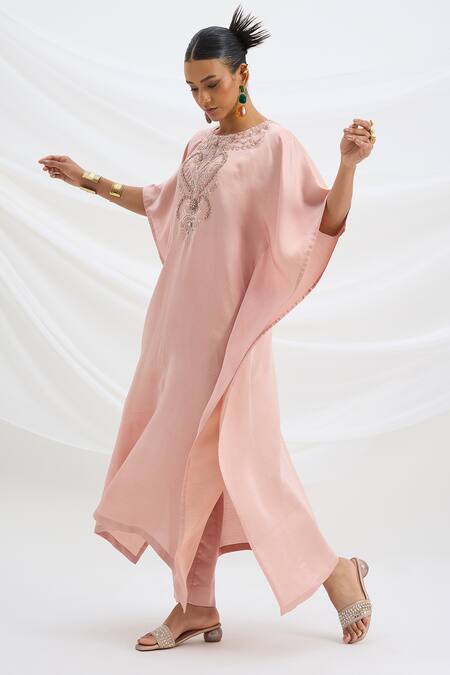 Buy Mirroir Peach Satin Embroidery Round Neck Pink Kaftan And Pant Set Online at Aza Fashions Buy_Mirroir_Peach Satin Embroidery Round Neck Pink Kaftan And Pant Set _Online_at_Aza_Fashions