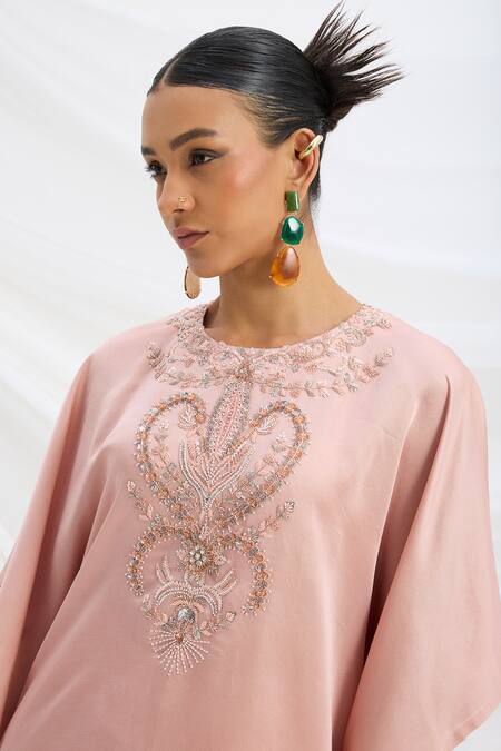 Shop Mirroir Peach Satin Embroidery Round Neck Pink Kaftan And Pant Set Online at Aza Fashions Shop_Mirroir_Peach Satin Embroidery Round Neck Pink Kaftan And Pant Set _Online_at_Aza_Fashions