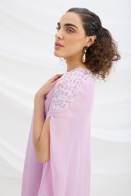 Mirroir Lilac Viscose Round Neck Draped Midi Dress Online at Aza Fashions Mirroir_Lilac Viscose Round Neck Draped Midi Dress _Online_at_Aza_Fashions