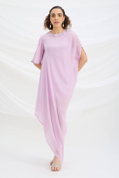 Buy Mirroir Lilac Viscose Round Neck Draped Midi Dress Online at Aza Fashions Buy_Mirroir_Lilac Viscose Round Neck Draped Midi Dress _Online_at_Aza_Fashions