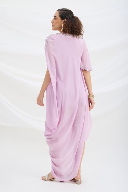 Shop Mirroir Lilac Viscose Round Neck Draped Midi Dress at Aza Fashions Shop_Mirroir_Lilac Viscose Round Neck Draped Midi Dress _at_Aza_Fashions