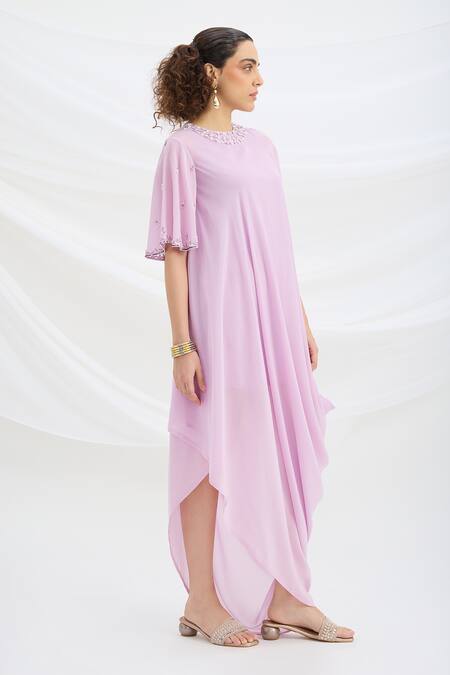 Shop Mirroir Lilac Viscose Round Neck Draped Midi Dress Online at Aza Fashions Shop_Mirroir_Lilac Viscose Round Neck Draped Midi Dress _Online_at_Aza_Fashions