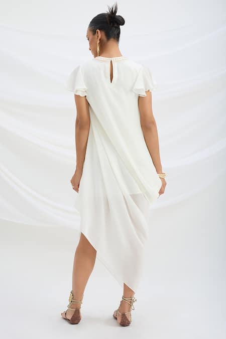 Shop Mirroir Off White Viscose Keyhole Neck Draped Dress at Aza Fashions Shop_Mirroir_Off White Viscose Keyhole Neck Draped Dress _at_Aza_Fashions