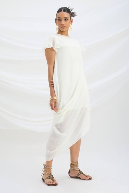 Mirroir Off White Viscose Keyhole Neck Draped Dress Online at Aza Fashions Mirroir_Off White Viscose Keyhole Neck Draped Dress _Online_at_Aza_Fashions