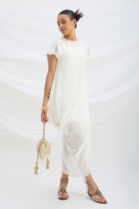 Buy Mirroir Off White Viscose Keyhole Neck Draped Dress Online at Aza Fashions Buy_Mirroir_Off White Viscose Keyhole Neck Draped Dress _Online_at_Aza_Fashions