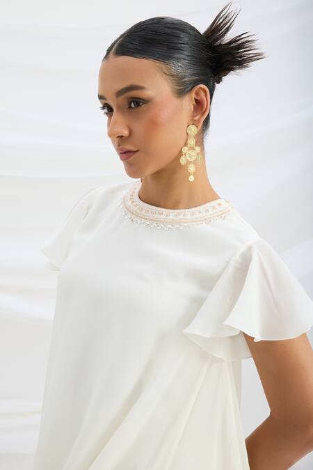 Shop Mirroir Off White Viscose Keyhole Neck Draped Dress Online at Aza Fashions Shop_Mirroir_Off White Viscose Keyhole Neck Draped Dress _Online_at_Aza_Fashions