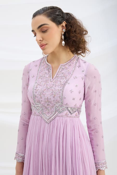 Mirroir Lilac Chiffon, Viscose Sequins Split V-neck Purple Designer Maxi Dress Online at Aza Fashions Mirroir_Lilac Chiffon, Viscose Sequins Split V-neck Purple Designer Maxi Dress _Online_at_Aza_Fashions